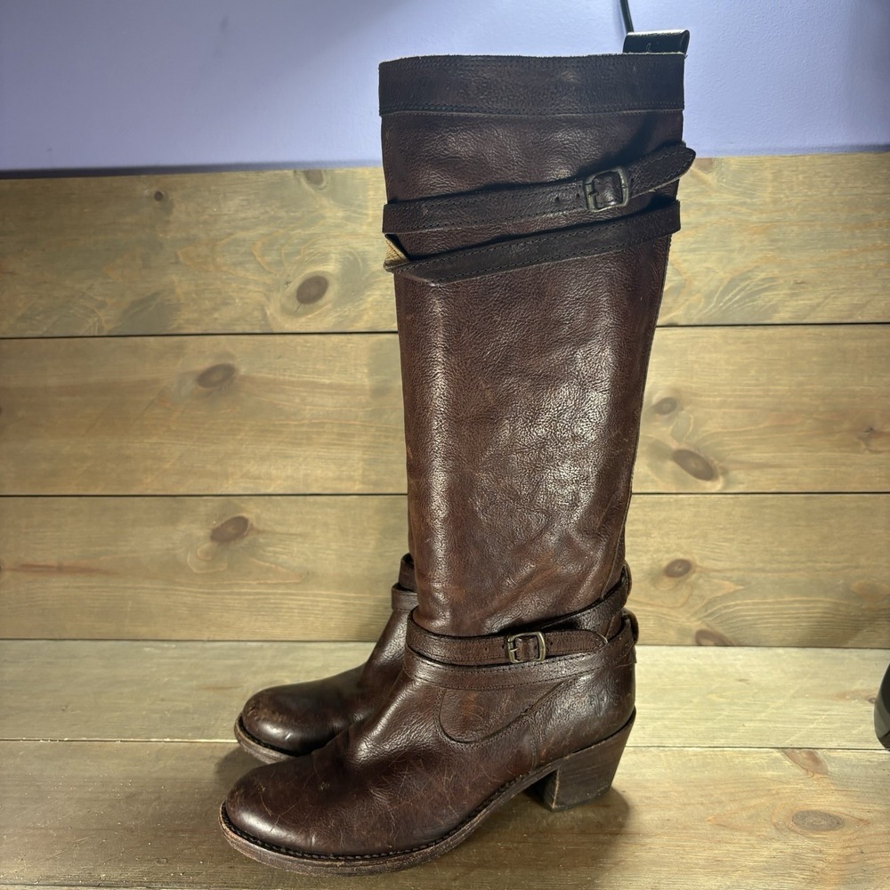 frye jane womens size 7 shoes brown leather tall strappy heel riding boots